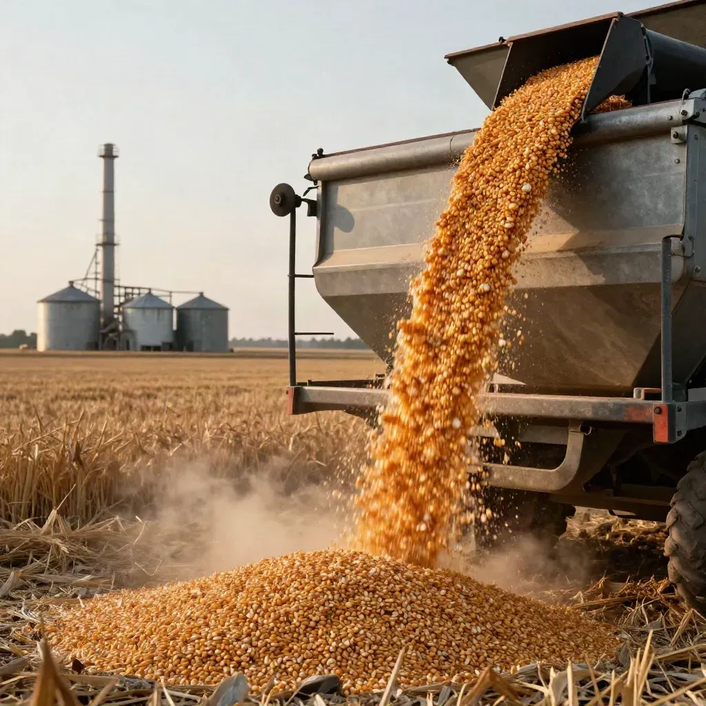 Combine unloads corn into a hopper cart near an ethanol plant and grain bins.