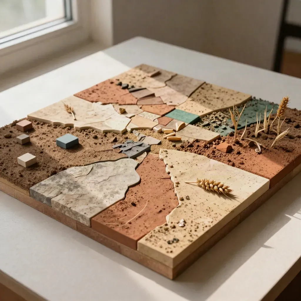 Tabletop crop-region relief model with soil tiles, seed heads, and green marker blocks in soft light.