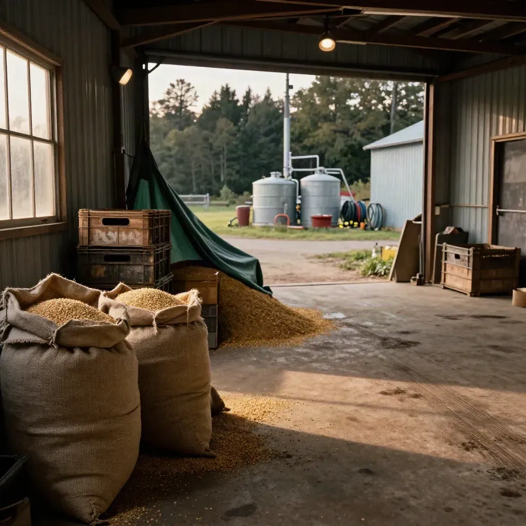 Grain sacks, vegetable crates, tarp, and a fuel depot in a rural co-op shed