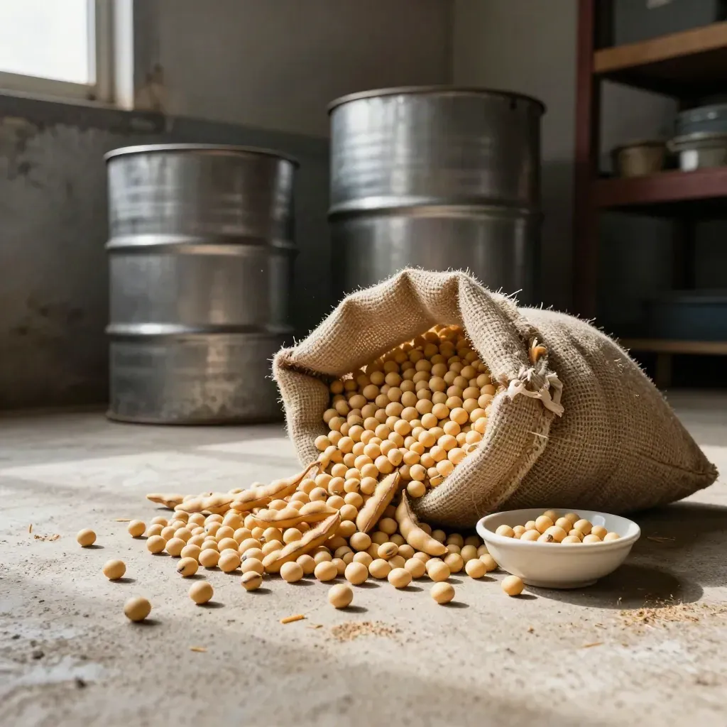 Soybeans spill from a burlap sack beside oil drums and a cream bowl on a concrete floor.