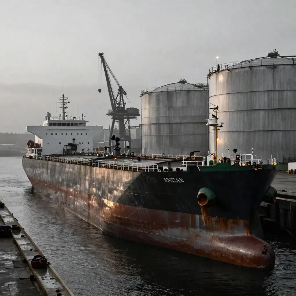 Moored tanker beside storage tanks and cranes in salt haze at a tense industrial port.