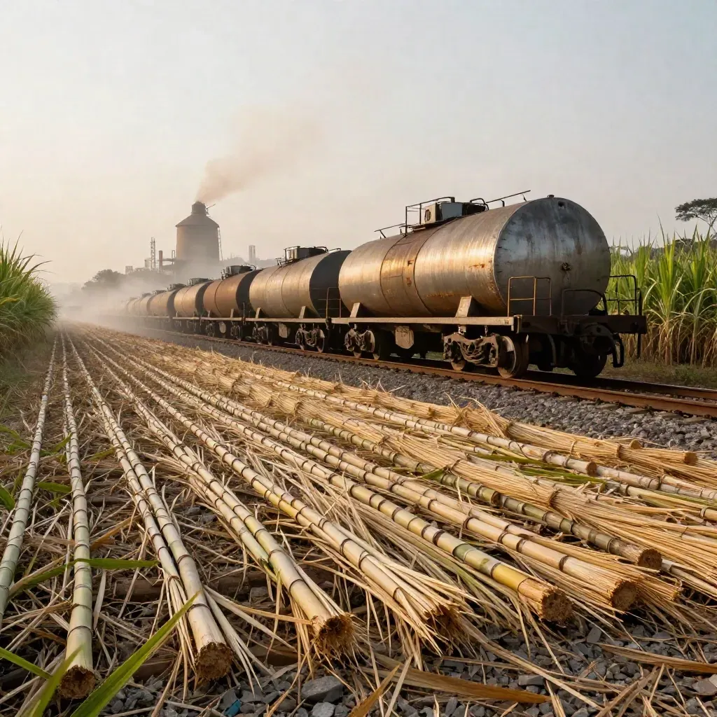 Ethanol tanker beside Brazilian cane rows with mill steam in humid light.
